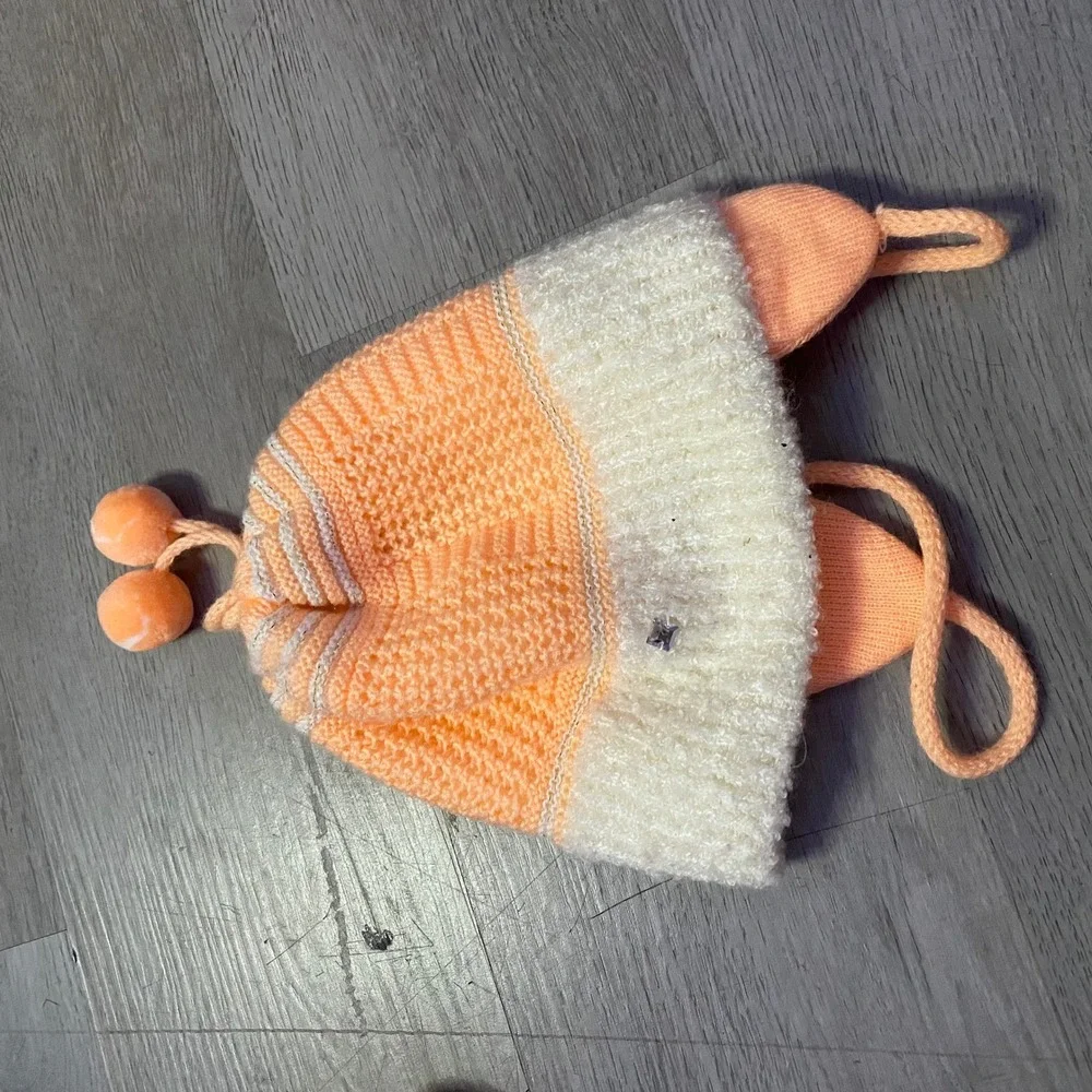 Knit Beanie Kids One Size Peach Cream Ear Flap Pom Pom Winter Hat